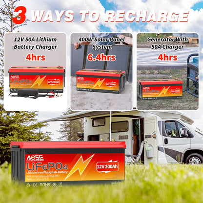 LiFePO4 12V 200Ah Battery Lithium Iron Phosphate Batteries with 200A BMS 8000+ Cycles for RV Trolling Motor Off-Grid Campers