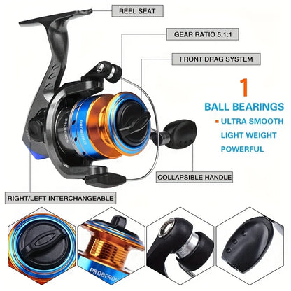 Fishing Combo Portable Ultralight Telescopic Rod and 5.1:1 Gear Ratio Spinning Reel Lures Hooks Line Full Kit