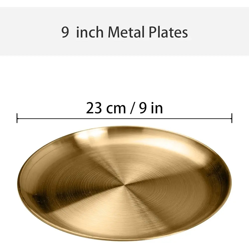 Steel Plates Metal Gold Dinner Plates Unbreakable Dinner Dishes Plates Set For Camping Outdoor