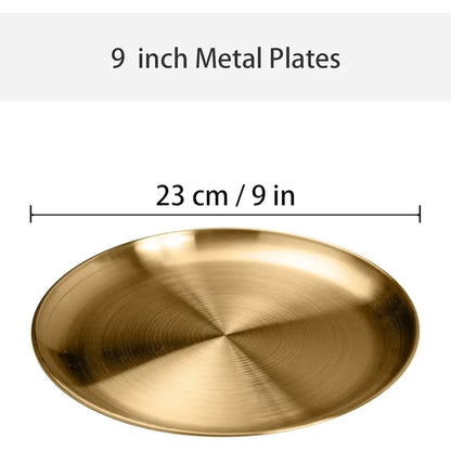 Steel Plates Metal Gold Dinner Plates Unbreakable Dinner Dishes Plates Set For Camping Outdoor