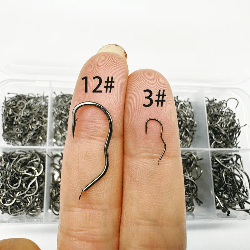 300/500 carbon steel fishing hook set, including sizes 3-12, with barbed sharp hooks