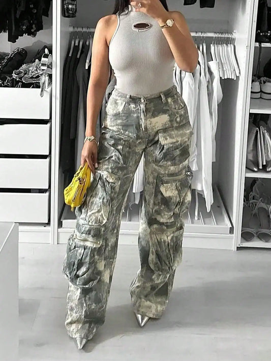 Women's   High Waist Baggy Camo Cargo Pants - Relaxed Wide-Leg with Pockets, New Year Warm Thermal