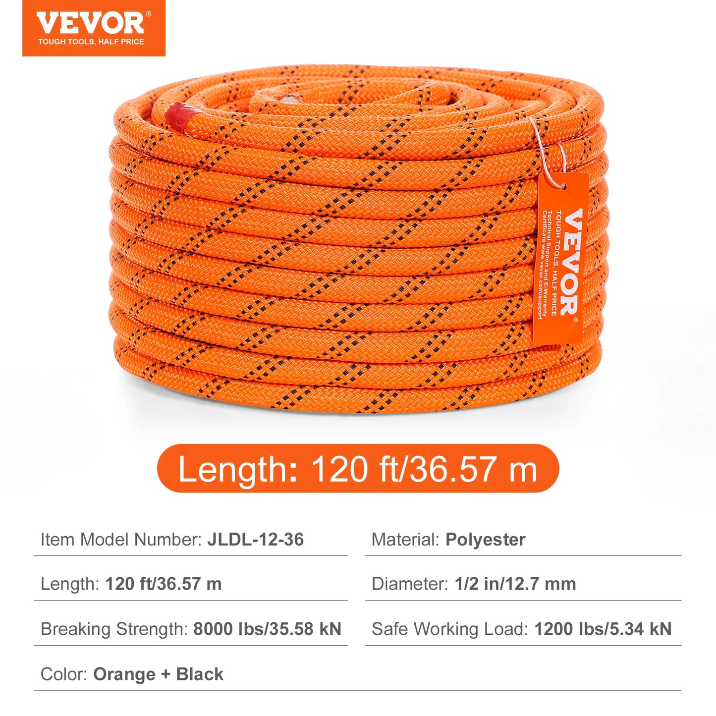 SucceBuy 120ft Dual-Weave Polyester Cord 3/8 1/2 inch 48-Strand Multi-Use Rope Arborist Activities Outdoor Adventures Versatile