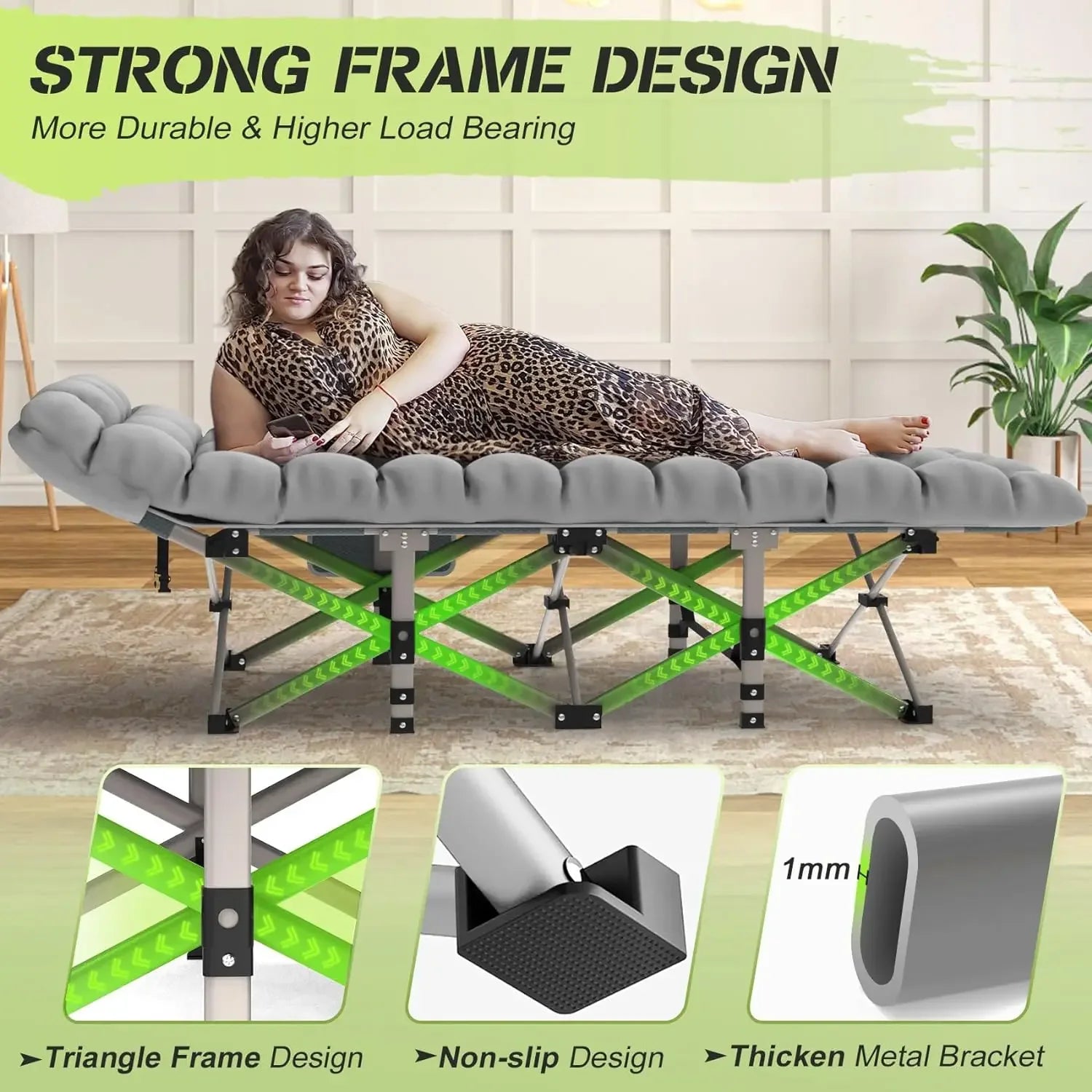 XXL Camping Bed/Camping Cots For Adults, Portable &amp; Foldable Folding Cot Bed With 4" Cozy Mattress, Easy-to-Carry Outdoor Daybed