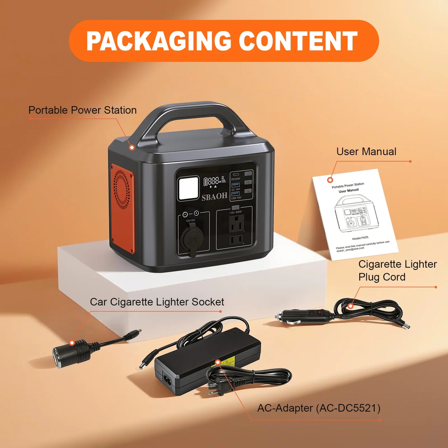 538.7Wh 600W Portable Outdoor Power Station with Solar Charging Input,  AC Power Outlet,