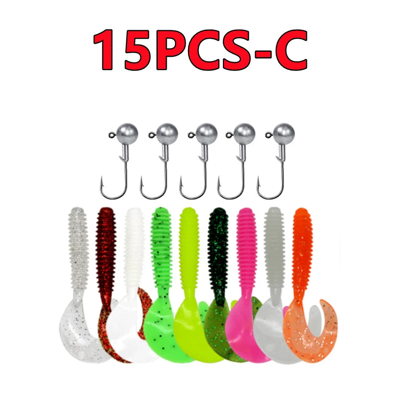 Soft Fishing Lures Kit Silicone Lure Set Artificial Bait Worm with Crank Jig Head Hooks