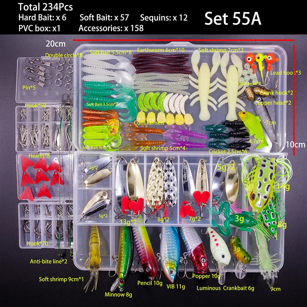 Big Mixed Fishing Lure Set Soft Hard Bait Kit Artificial Bionic Minnow Swing Metal Jig Spoon