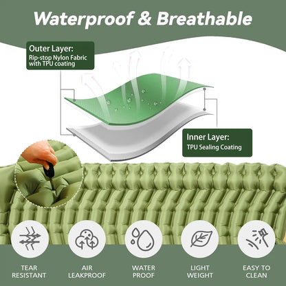 Double Sleeping Pad for Camping - Ultralight Camping Mattress with Pillow, Built-in Foot Pump, Inflatable 2-Person Portable Mat