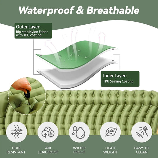 Double Sleeping Pad for Camping - Ultralight Camping Mattress with Pillow, Built-in Foot Pump, Inflatable 2-Person Portable Mat