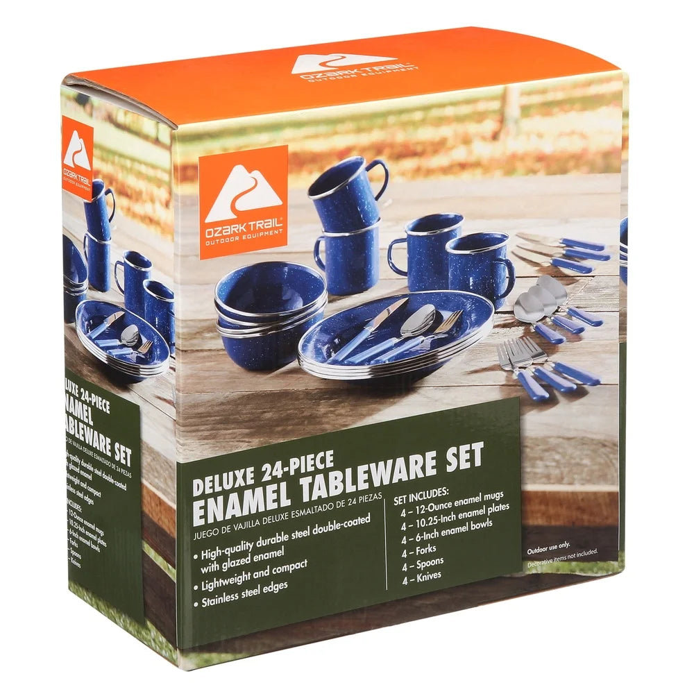 24 Piece Enamel Dinnerware Set Stainless Steel Camping Tableware Lightweight Durable