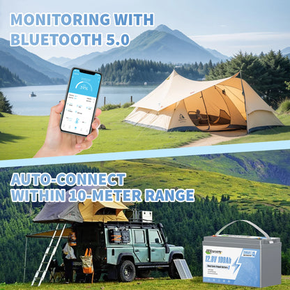 12V 100Ah LiFePO4 Lithium Battery With 100A BMS,Support Monitoring Battery via Phone Bluetooth,for Marine,Trolling Motor,RV