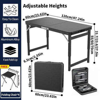 Portable Folding Card Table with Chairs,4ft Foldable Table Adjustable Height,Aluminum Alloy Frame Folding Dining Table with Carr