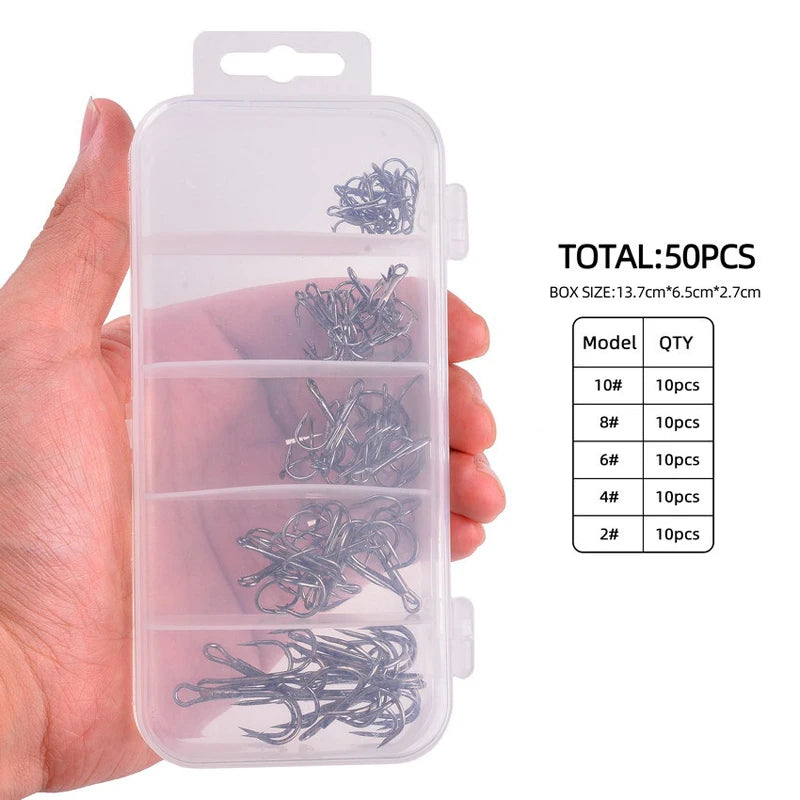 50pcs/box Treble Fishing Hook Fishing Hook High Carbon Steel Treble Overturned Hooks Fishing Tackle Round Bend Treble For Bass
