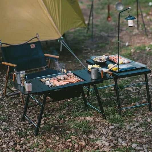 Table with Charcoal Grill, Folding Camping Table