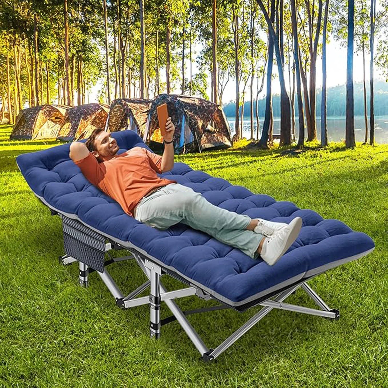 XXL Camping Bed/Camping Cots For Adults, Portable &amp; Foldable Folding Cot Bed With 4" Cozy Mattress, Easy-to-Carry Outdoor Daybed