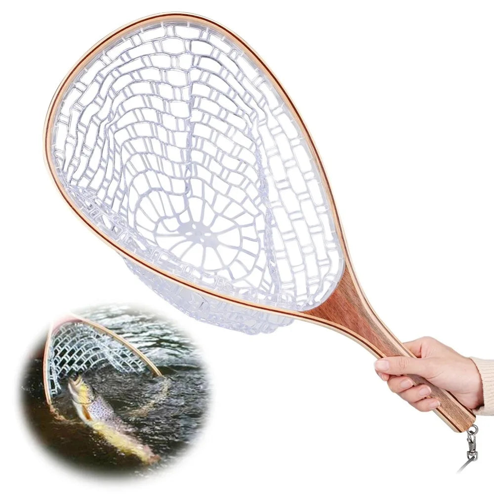 Landing Fish Net Fishing Hand Nets with Clear Rubber Mesh Netting Wooden Handle Fly Fishing Equipment for Catch and Release