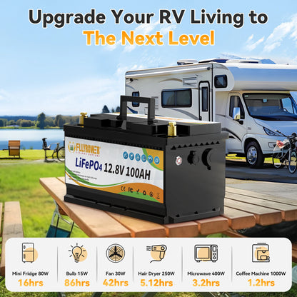 FLLYROWTH 12V 100Ah LiFePo4 Lithium Battery Pack 100A BMS For RV Boat Motors Inverter Solar Wind Lithium Iron Phosphate Battery