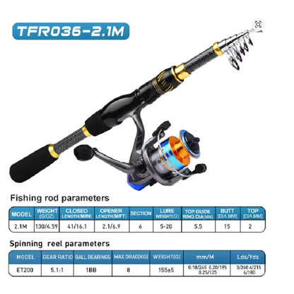 Fishing Combo Portable Ultralight Telescopic Rod and 5.1:1 Gear Ratio Spinning Reel Lures Hooks Line Full Kit