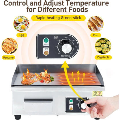 30 Inch Electric Griddle for Outdoor Cooking Non-Stick Grill Plate Adjustable Temperature Control 122°F-572°F