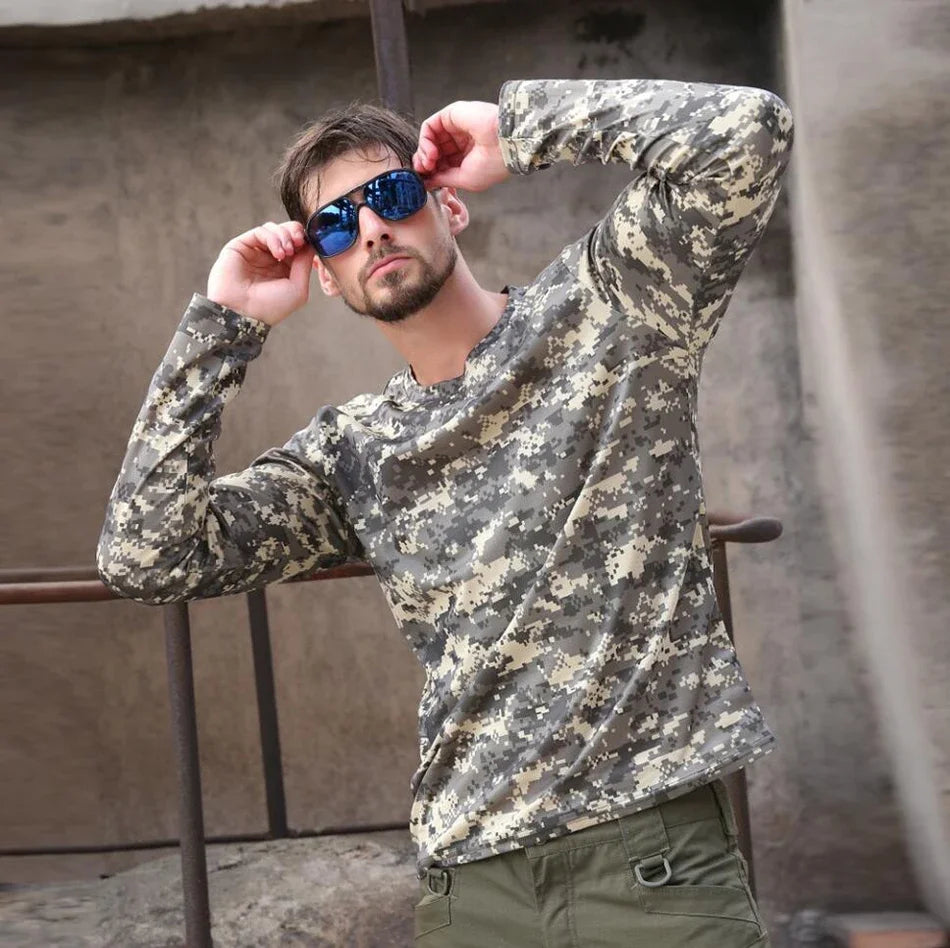 Long-Sleeve T-Shirt Anti-Sweat   Shirts Breathable Camo  Hunting Clothes Men Elasticity Sun-Protective Top