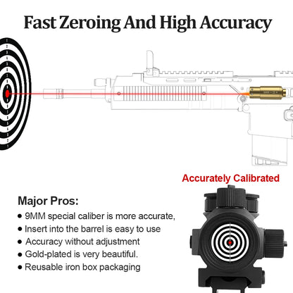 9MM   Cartridge Red Dot Laser Bore Brass 9MM Bore Bore sighter For Pistol Rifle Scope