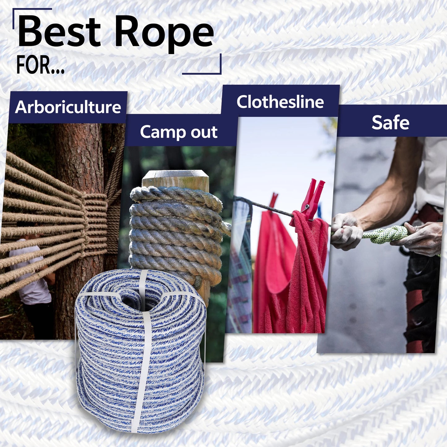 High Strength 20000lbs 3/4 Inch 24 Strand Braided Polyester Rope 100Ft White-Blue-for Tree Climbing Rigging, Arborist