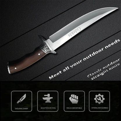 High-hardness stainless steel fixed blade with sheath ergonomic non-slip handle ideal for climbing hunting. Great festival gift