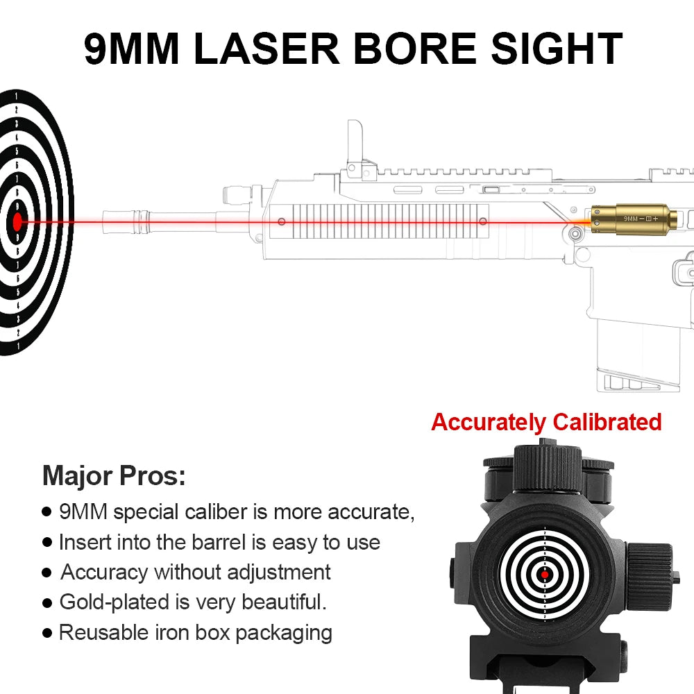 9MM   Cartridge Red Dot Laser Bore Brass 9MM Bore Bore sighter For Pistol Rifle Scope