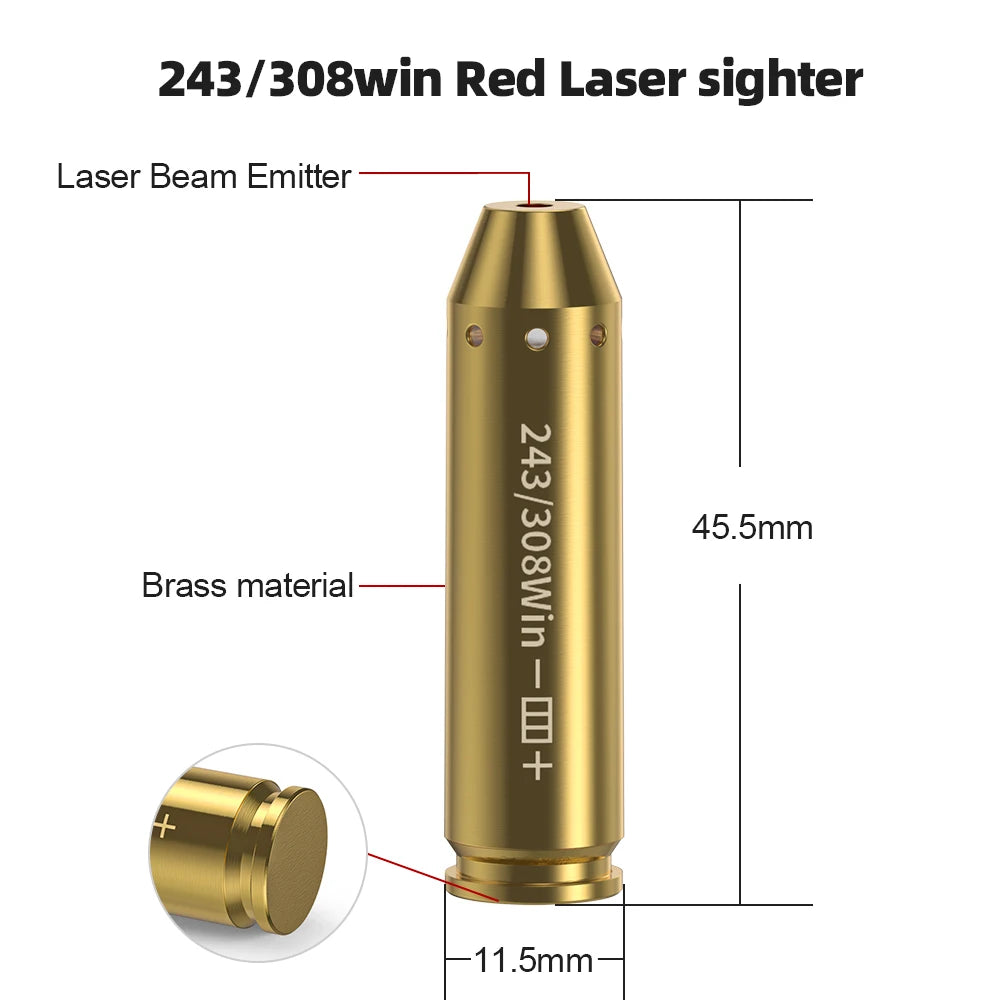 243 308WIN Optics Cartridge Red Dot Laser Bore Brass Bore Boresighter For Pistol Rifle Scope Hunting Accessories 6 Batte