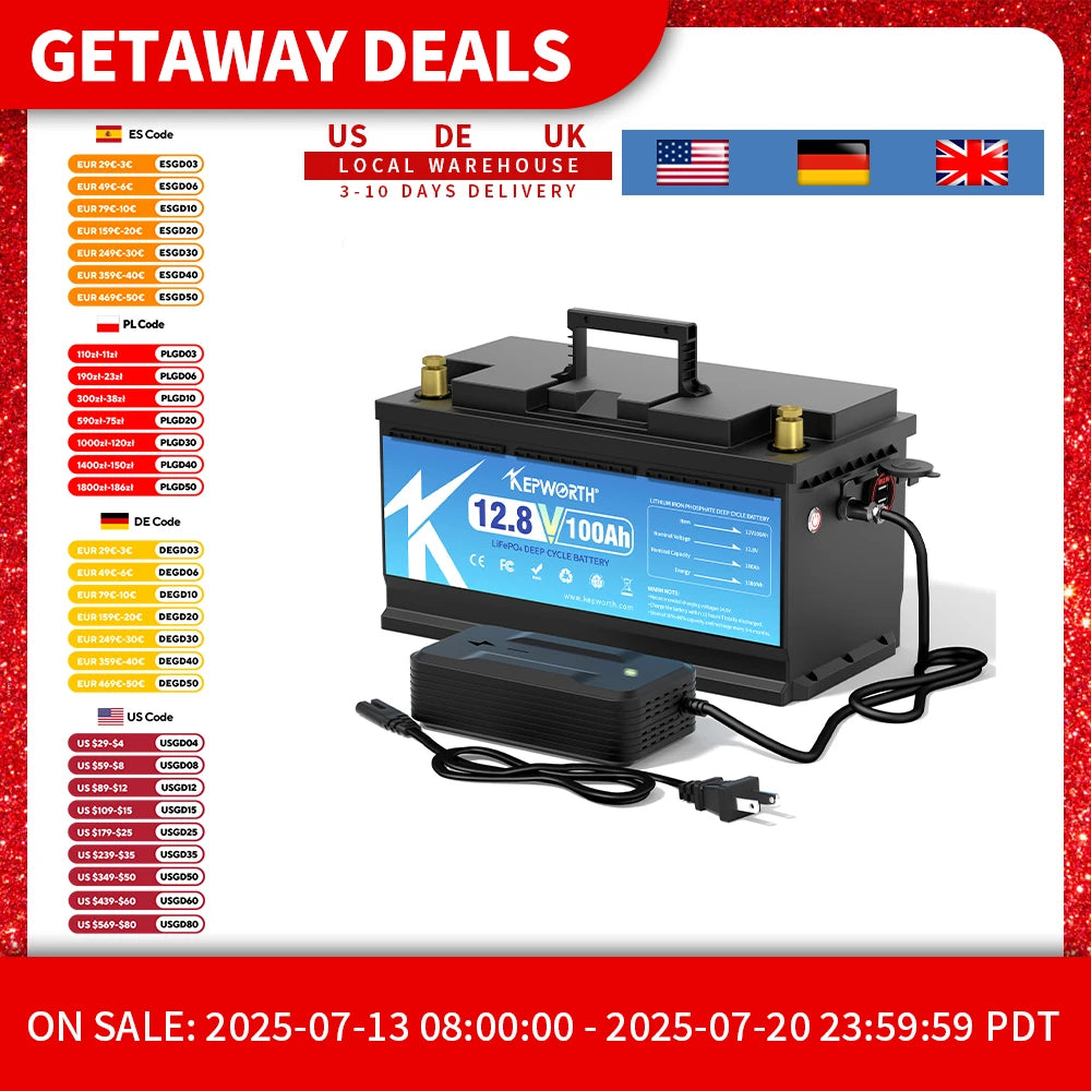 KEPWORTH 12V 100Ah LiFePO4 Battery Packs Grade A Cells Rechargeable For Outdoor / Home Storage Lithium Iron Phosphate Batteries