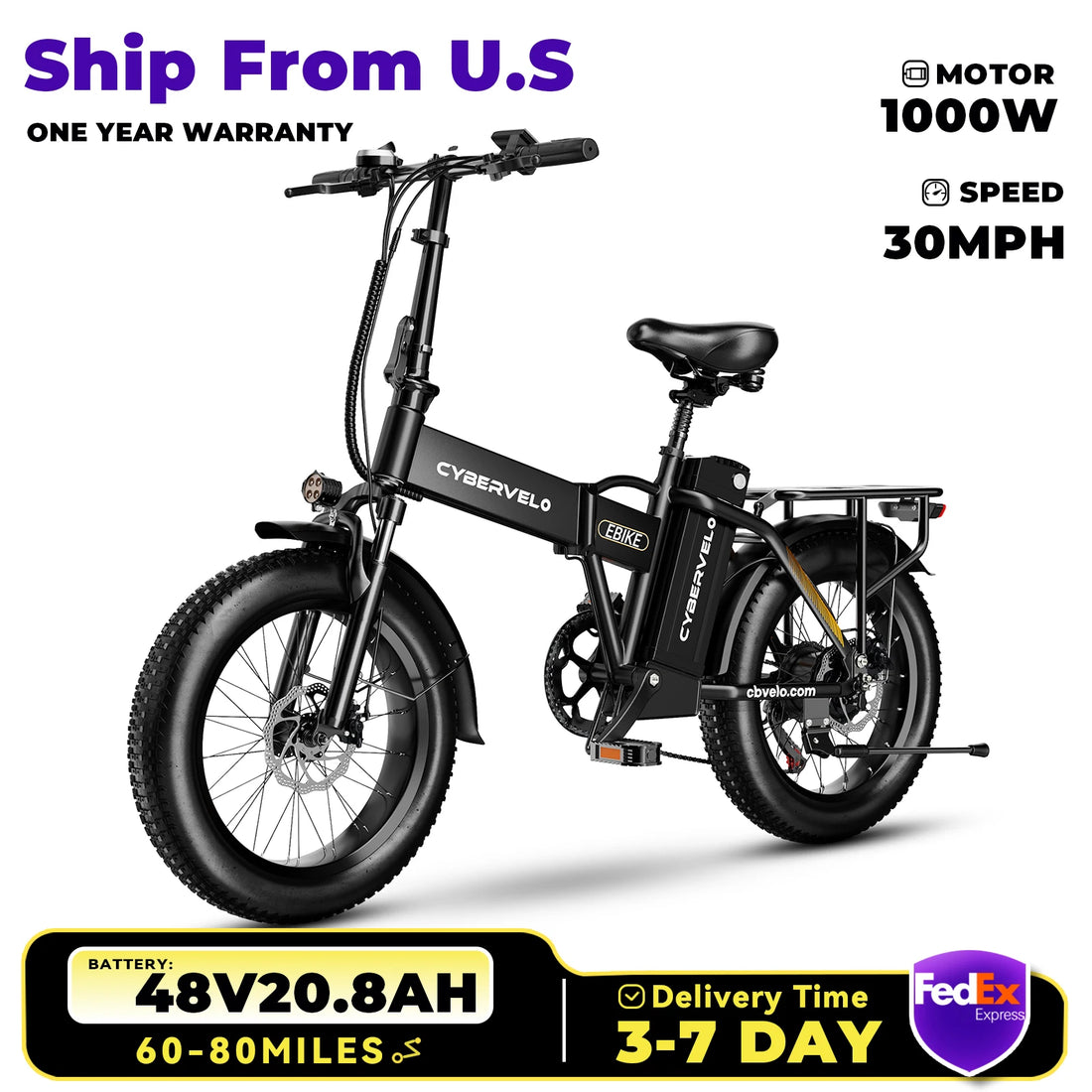 1000W Folding Electric Bike, 48V 20AH Large Removable Battery E Bike, 30+MPH, 80 Miles Max Range, 20" Fat Tire Electric Bike for
