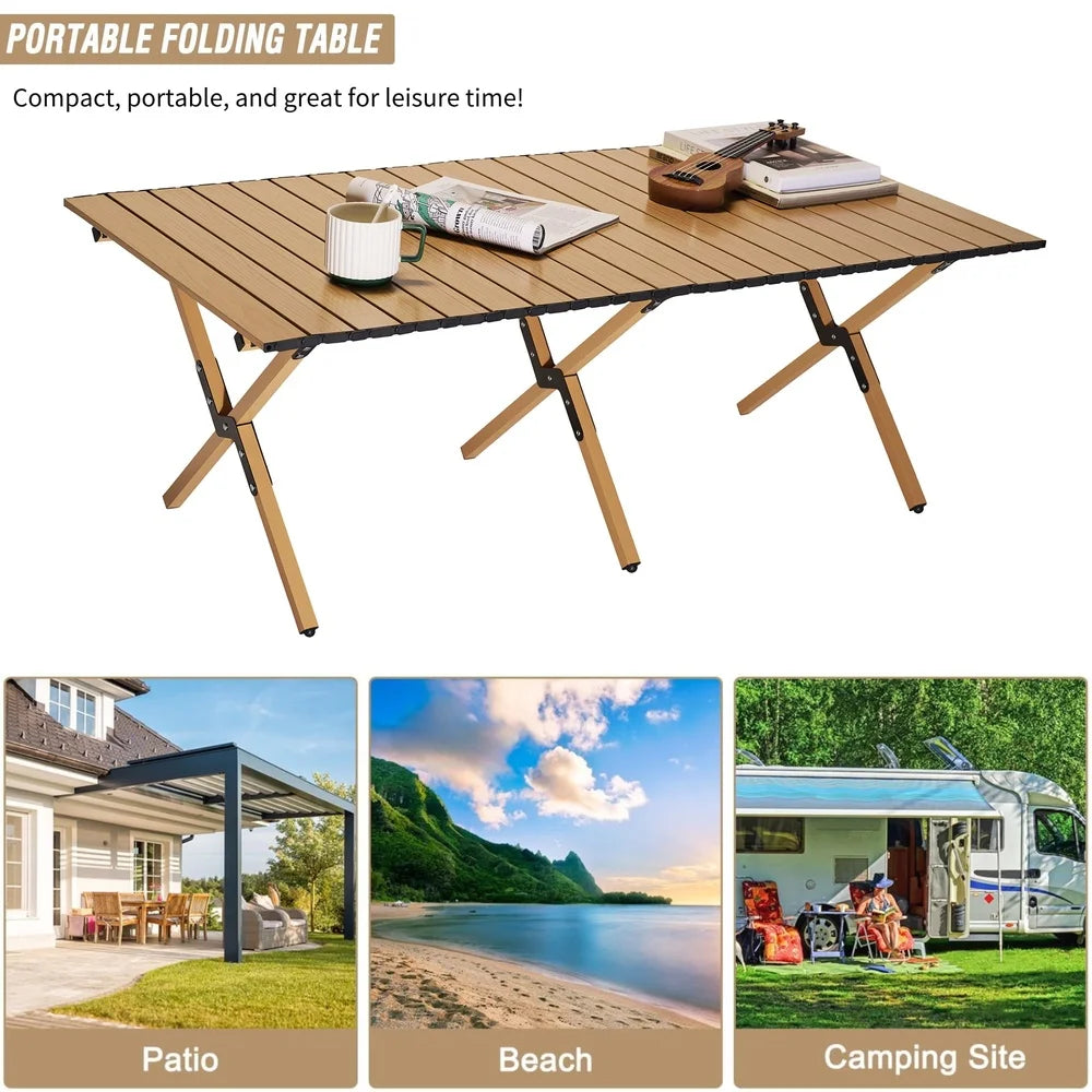 Portable Roll-Top Camping Table Folding Picnic Table with Carry Bag Lightweight Outdoor Dining Easy Setup 4-6 People