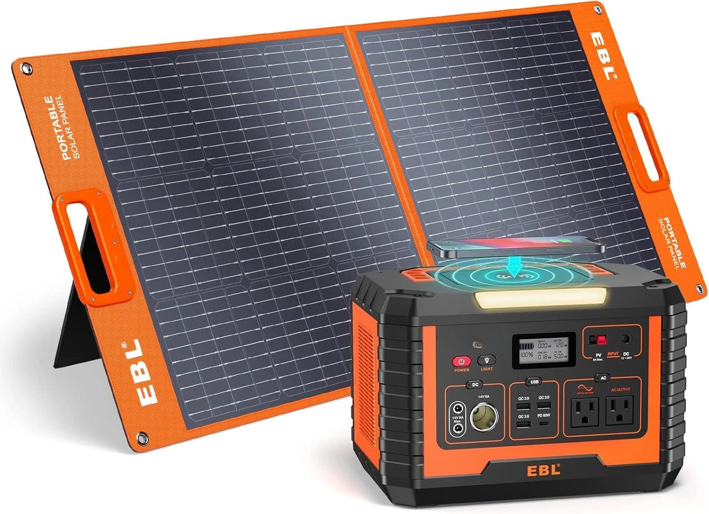 500W Portable Power Station with 100W Portable Solar Panel,   Solar Generator