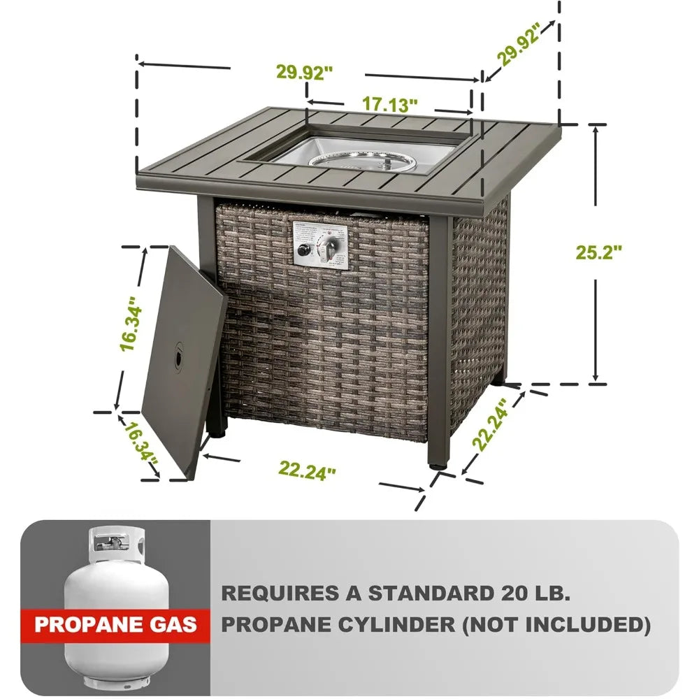 Nuu Garden Outdoor 30" 50,000 BTU Propane Gas Fire Pit Table, Square Gas Fire Pit Table with Glass Beads and Lid, Hand-Woven Wic