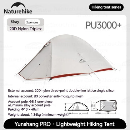 Naturehike Cloud Up Pro Tent 1/2 Person 20D Nylon Double Layers Lightweight Hiking Waterproof Quick Build Travel Tent Breathable