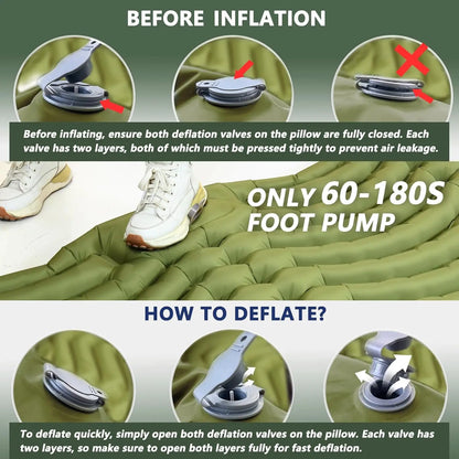 Double Sleeping Pad for Camping - Ultralight Camping Mattress with Pillow, Built-in Foot Pump, Inflatable 2-Person Portable Mat
