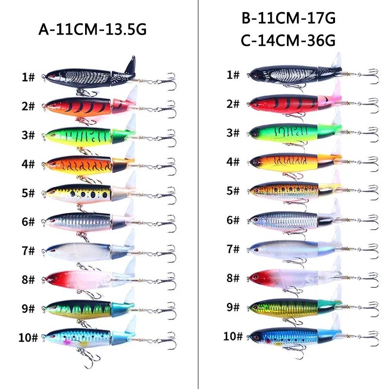 Popper Fishing Lure Set 11cm/14cm Artificial Topwater Hard Bait Rotating Wobblers Tail