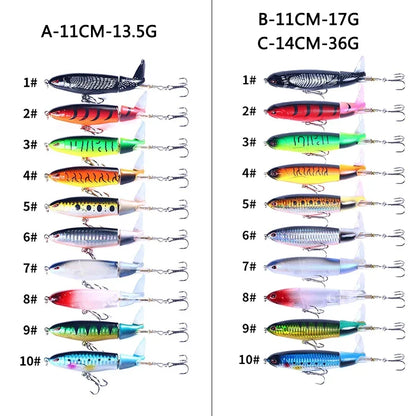 Popper Fishing Lure Set 11cm/14cm Artificial Topwater Hard Bait Rotating Wobblers Tail