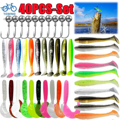 Soft Fishing Lures Kit Silicone Lure Set Artificial Bait Worm with Crank Jig Head Hooks