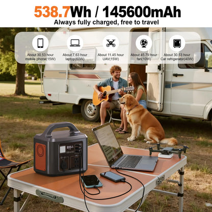 538.7Wh 600W Portable Outdoor Power Station with Solar Charging Input,  AC Power Outlet,