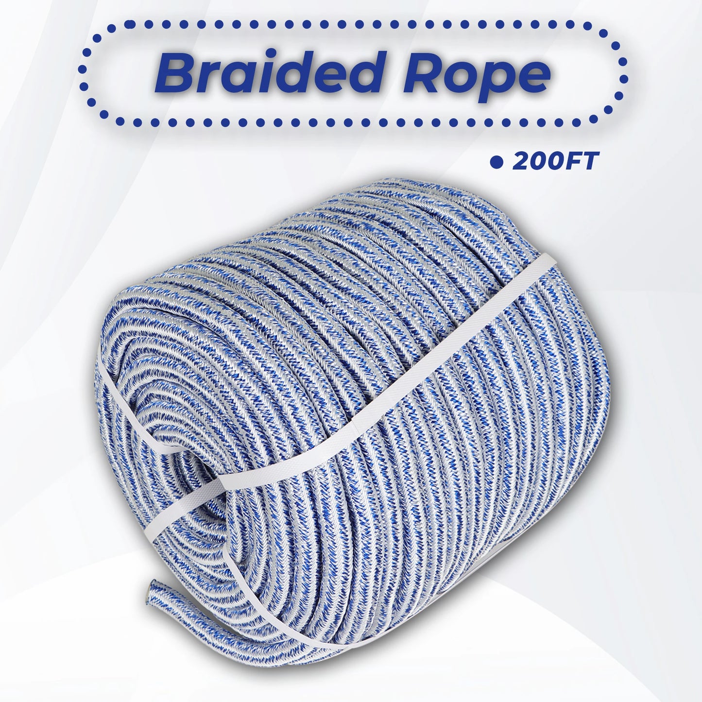 High Strength 20000lbs 3/4 Inch 24 Strand Braided Polyester Rope 200Ft White-Blue-for Tree Climbing Rigging, Arborist