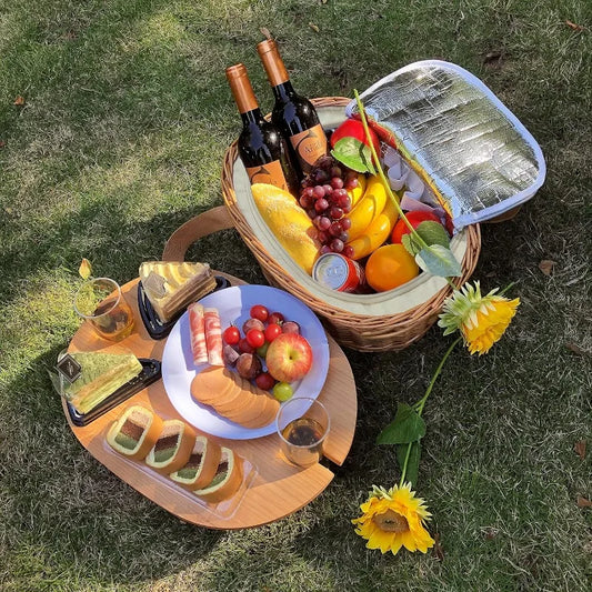 Picnic Basket Set for 2 with Mini Folding Wine Picnic Table & Large Insulated Cooler Bag & Cutlery Service Kits for 2 Person